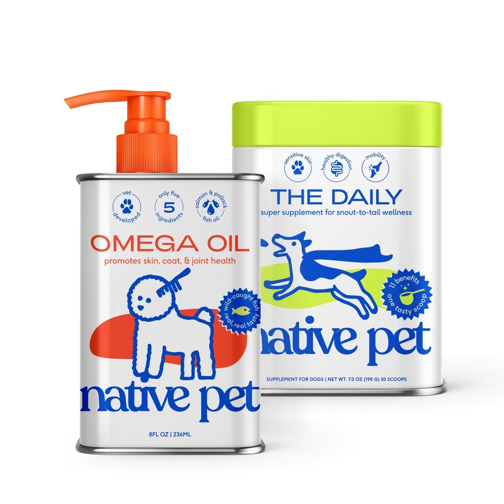 Native Pet Pack Leaders Bundle - Daily Dog Multivitamine (7 oz.) & Omega Oil for Dogs (8 oz.) - Omega 3 Fish Oil for Healthy Skin, Shiny Coat, & Strong Joints & Daily Multivitamine for Pups