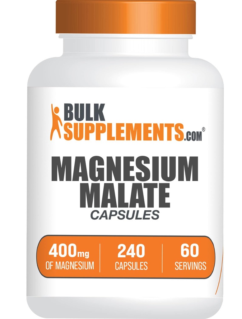 BulkSupplements.com Magnesium Malate Capsules - Magnesium Supplement, Magnesium Malate 400mg - Essential & Glutenvrij, 4 Capsules per portie, 240 Telling (Pack of 1)