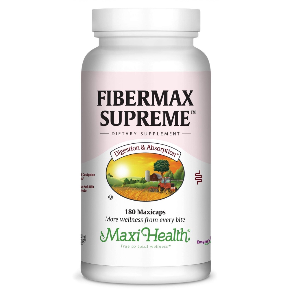 Maxi Health Fibermax Supreme – Capsules de fibre pour Gentle Digestive et Gut Support – Capsules végétariennes de Psyllium Husk – Supplément de fibre Kosher pour hommes et femmes (180 comte)