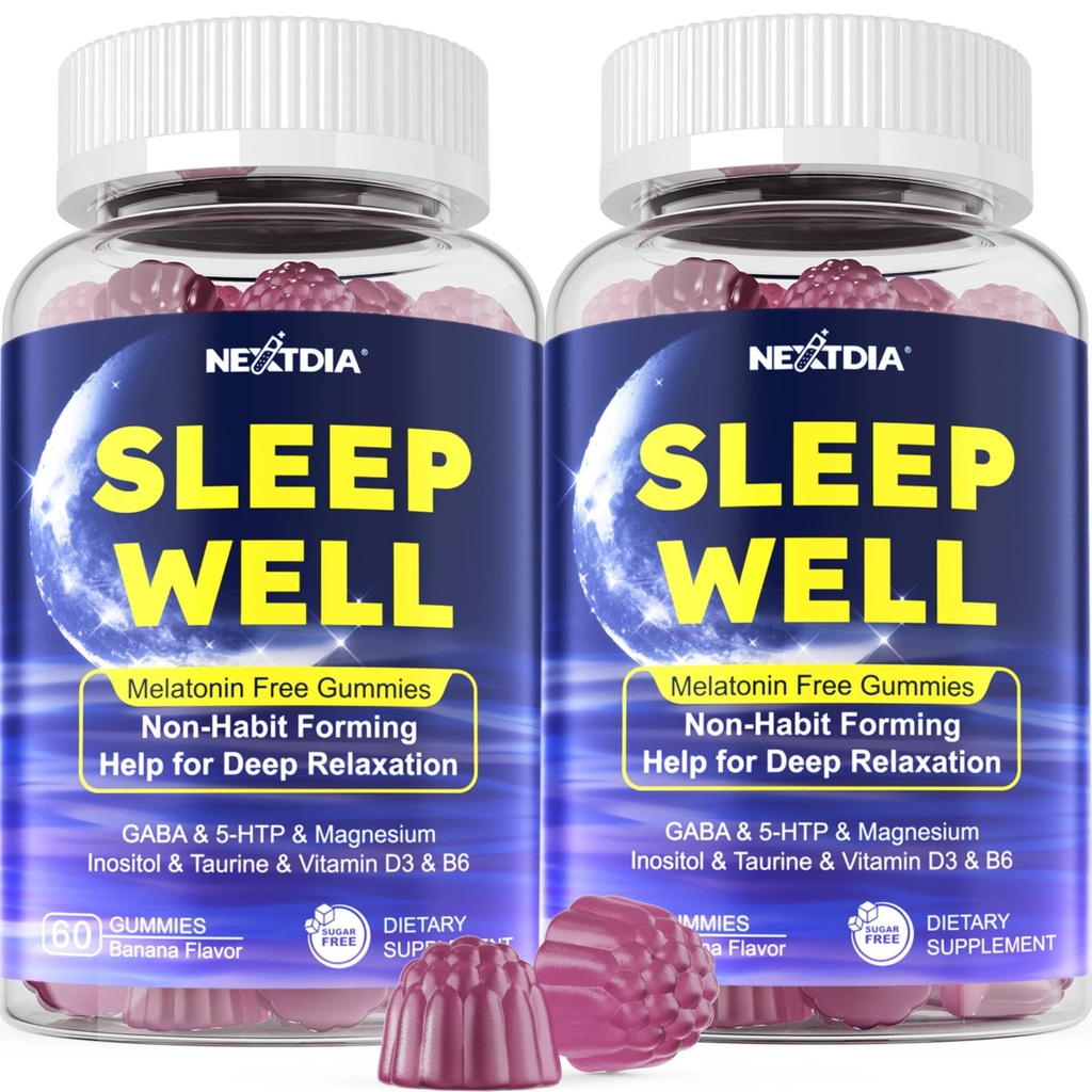 Melatoninevrije slaap Gummies met Magnesium Glycinate, GABA, 5-HTP, L-Theanine, Valeriaan, Kamille, Citroenbalsem, Vitamine D3 & B6 - Hormone & Drug-free, Non-Habit Forming,2 Pack