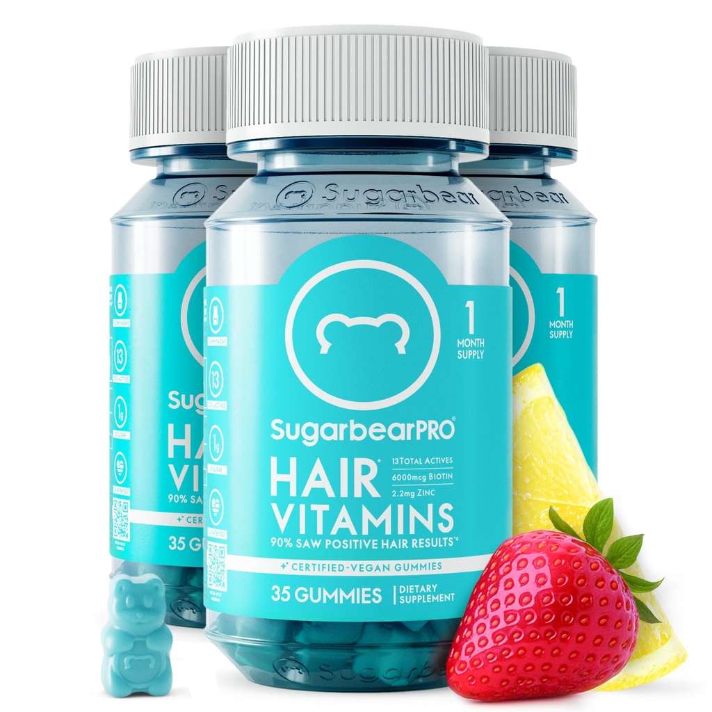 SugarBearPro Hair Vitamine Gummy 3 maand aanbod Extra sterkte Biotin 6000mcg, Groei voor mannen & vrouwen, Vegan vitamine B12, MSM, Inositol, Omega 3, Vlierbes, Gecertificeerde Kosjer, Halal, Wruelty-vrij