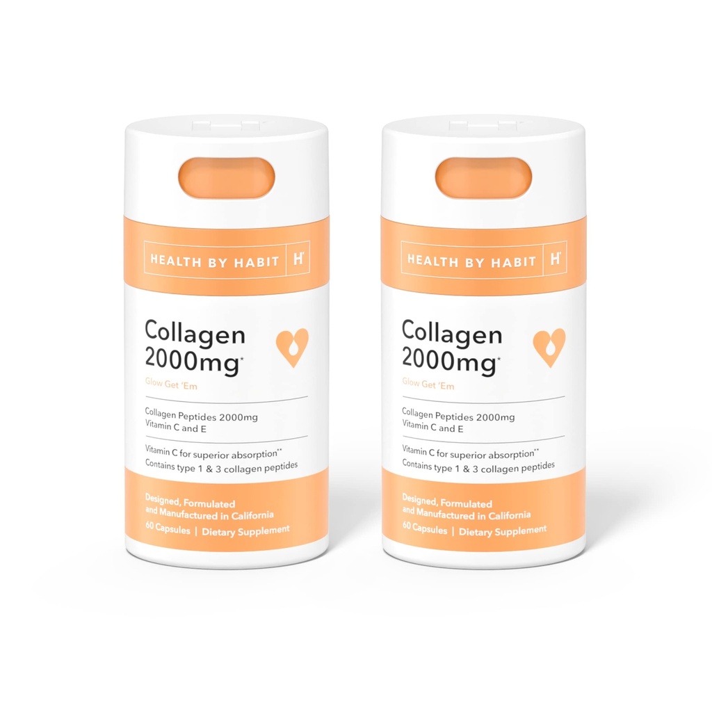 Health by Habit Collagen Supplement 2 Pack (120 Capsules) - Vitamine C & Vitamin E, 2000mg, Collageen Peptiden, Superior Absorptie, Ondersteuning van uw huid, Non-GMO, Suikervrij (2 Pack)
