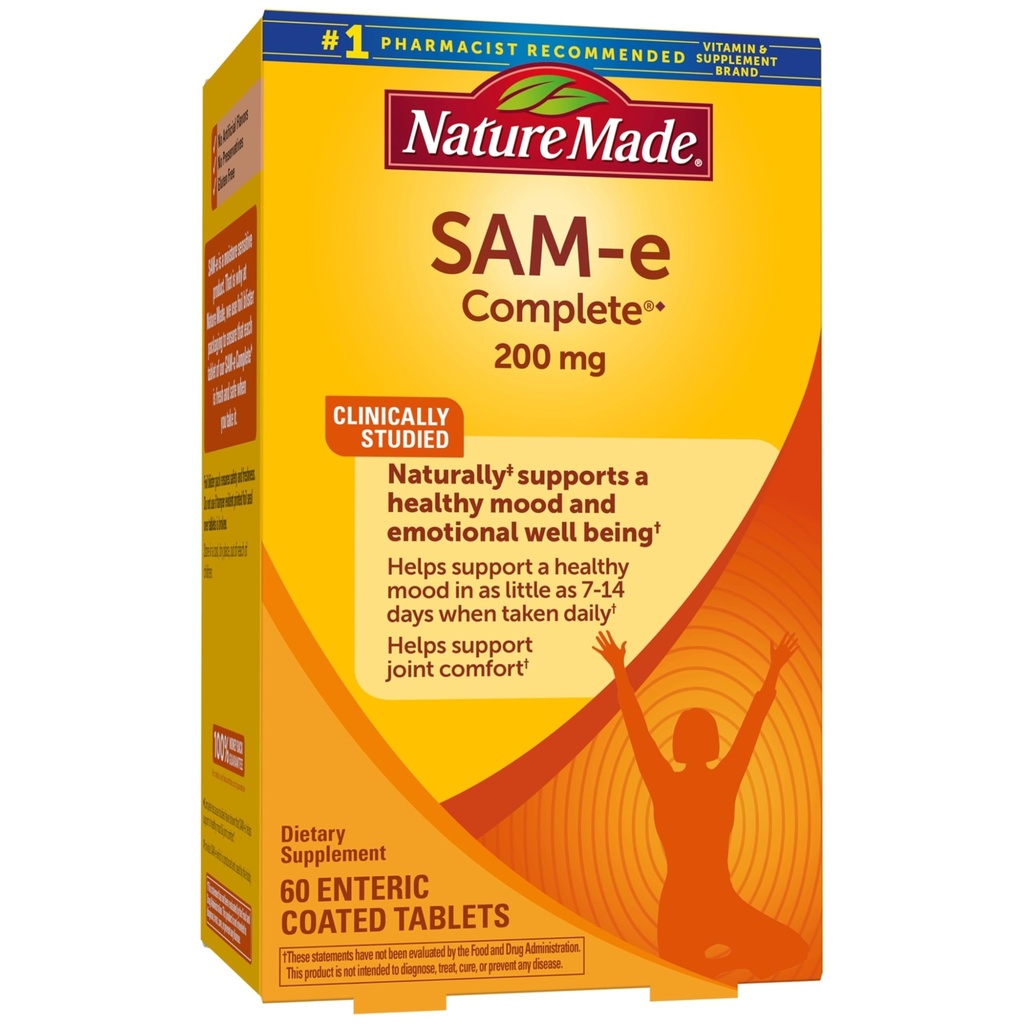 Nature Made SAM-e 200 mg Compleet, Dieetsupplement voor Mood Support, 60 tabletten, 30 dagen levering