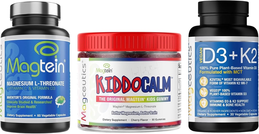 Magteïne Magnesium L-Threonaat 60 Capsules, Magceutics KIDDOCALM Gummies voor kinderen 90 capsules, vitamine D3 K2 met MCT 30 capsules - bundel