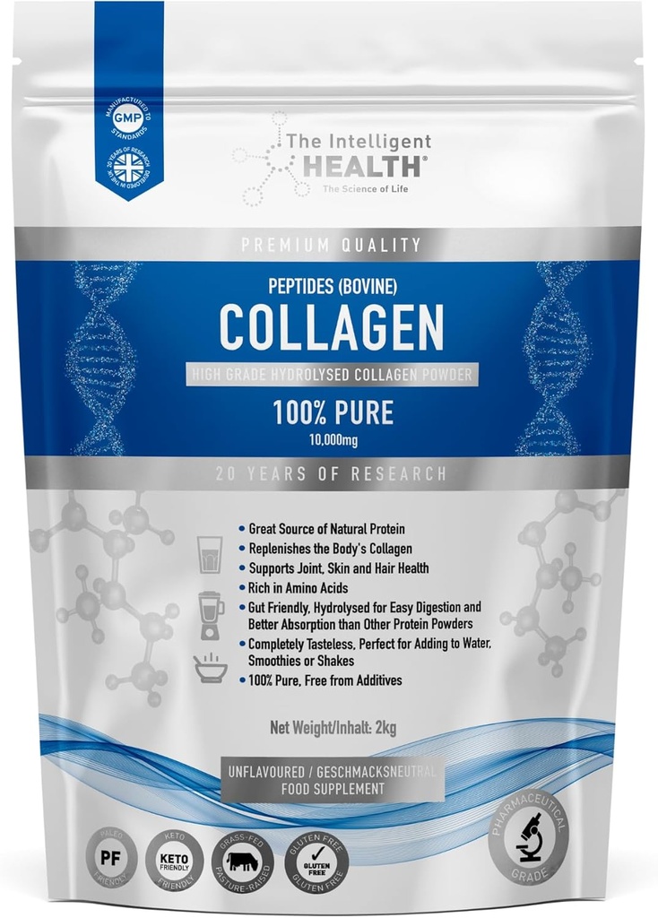 The Intelligent Health Hydrolyzed Collages Peptides Powder, Grass Fed, High Protein, Unflavored, Gluten-Free, Paleo & Keto Friendly, 10g per Serving (2kg) Ondersteunt huid, haar, nagels, gewrichten, & Bones
