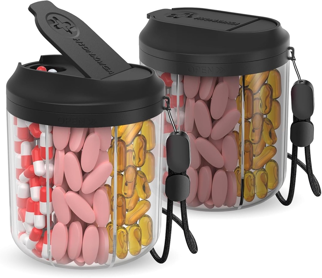 Distributeur de pilules avec 7 grands compartiments, organisateur de bouteilles de pilules pour les voyages, organisateur de suppléments avec conception anti-mixante, conteneur de pilules sans BPA avec étiquettes 20 Pcs, noir 2pcs