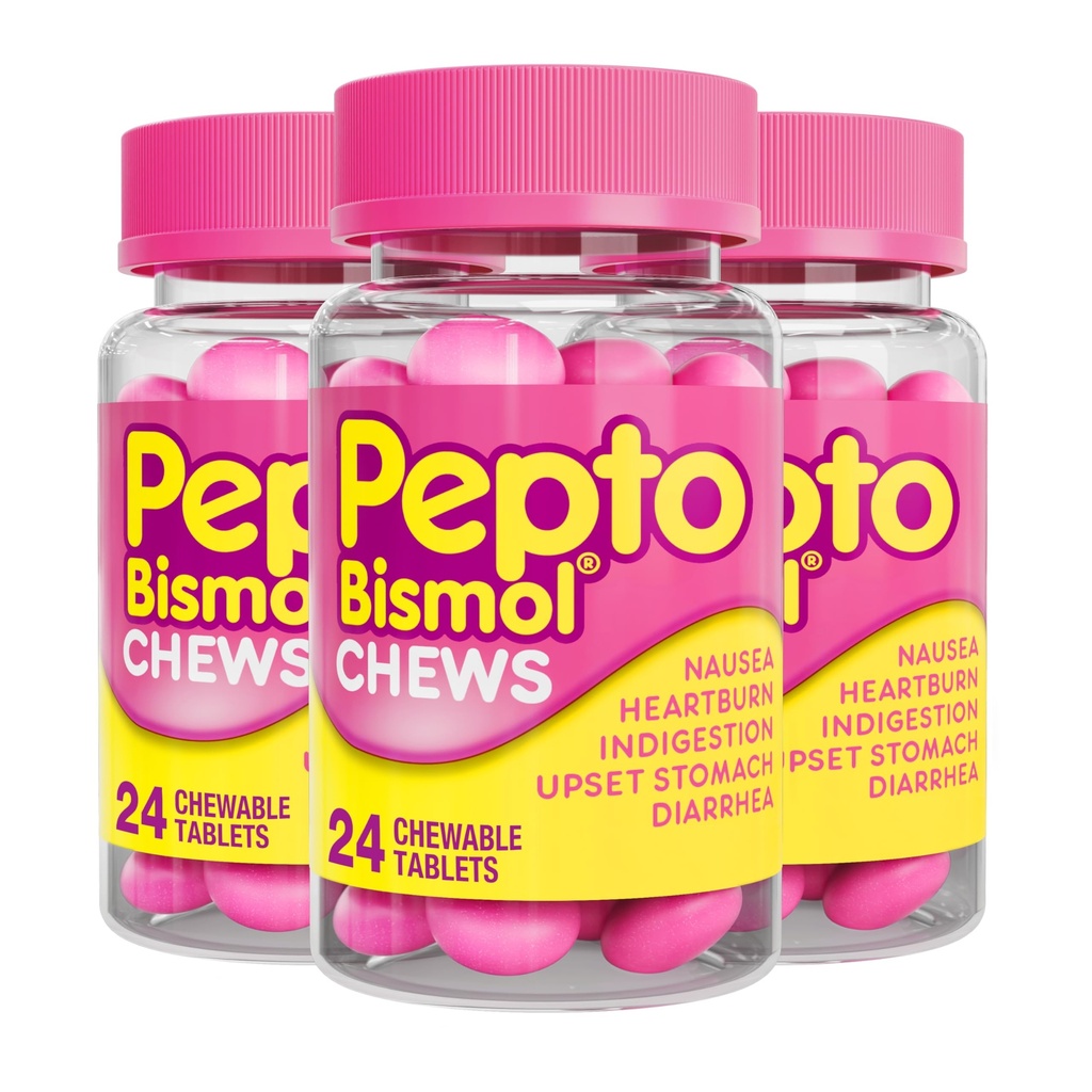 Pepto Bismol Kauwt, Snelle en effectieve Digestieve Verlossing van Misselijkheid, brandend maagzuur, Indigestie, Gestoorde Maag, Diarree, 72 Totaal (3 Verpakkingen van 24)