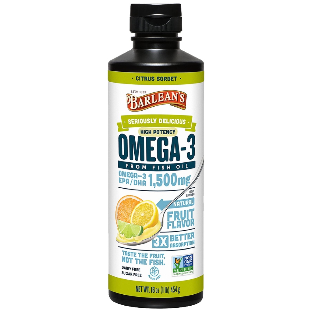 Barlean's Citrus Sorbet High Potency Omega 3 Fish Oil Liquid Supplement, 1500mg EPA & DHA Fatty Acid, Smoothie Flavored & Burpless for Brain, Joint, & Heart Health, 16 oz