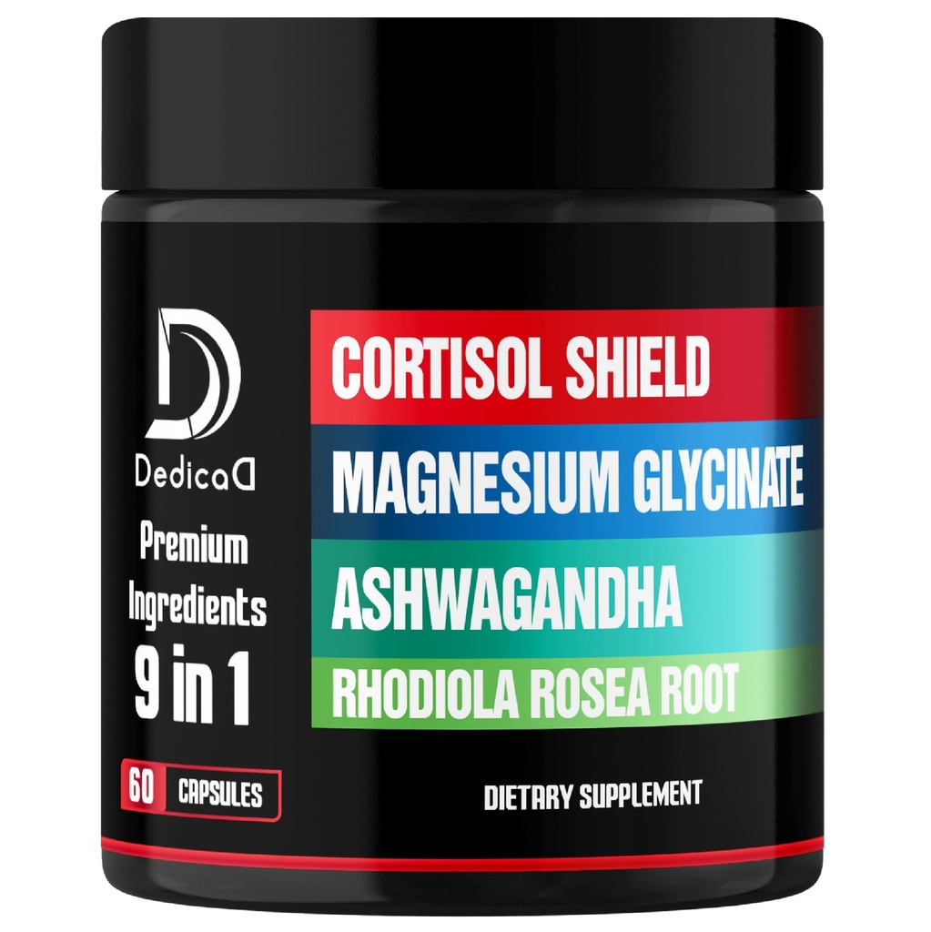 DEDICAD 9in1 Cortisol Shield - Magnesium Glycinate & Ashwagandha with Rhodiola, Phosphatidylserine, Passion Flower, L-Theanine, Apigenin, Licorice, Magnolia - Rest Well & Mood Balance - 60 Count