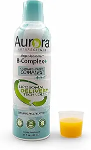Aurora Nutrascience Mega-liposomale B-complex + vitamine C, ondersteunt energie, immuun- en zenuwstelsel Gezondheid, glutenvrij, niet-GMO, suikervrije, biologische fruitsmaak, 32 porties, 16 Fl oz