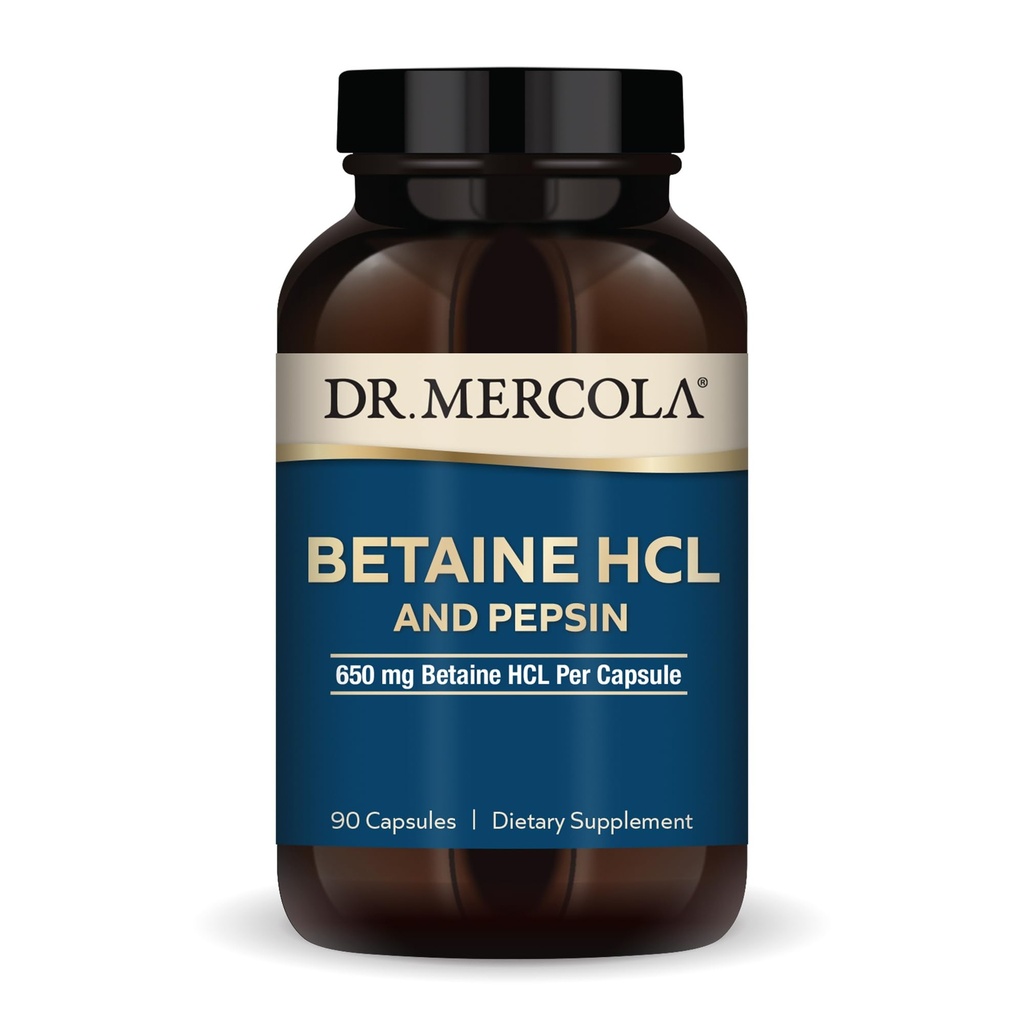 Dr. Mercola Betaine HCL & Pepsin - Digestief ondersteuningssupplement voor pH-balans - Aids Mineral & Nutriënt Absorptie - Digestieve steun - Non-GMO, Glutenvrije & sojavrije - 90 capsules (30 porties)