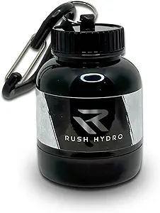 RUSH Hydrogen Supplement Proteïnepoeder Funnel Keychain, Travel Protein Poeder Container met dubbele schroefdop, 100 ml Container voor Hydratatie Poeder & supplementen, zwart