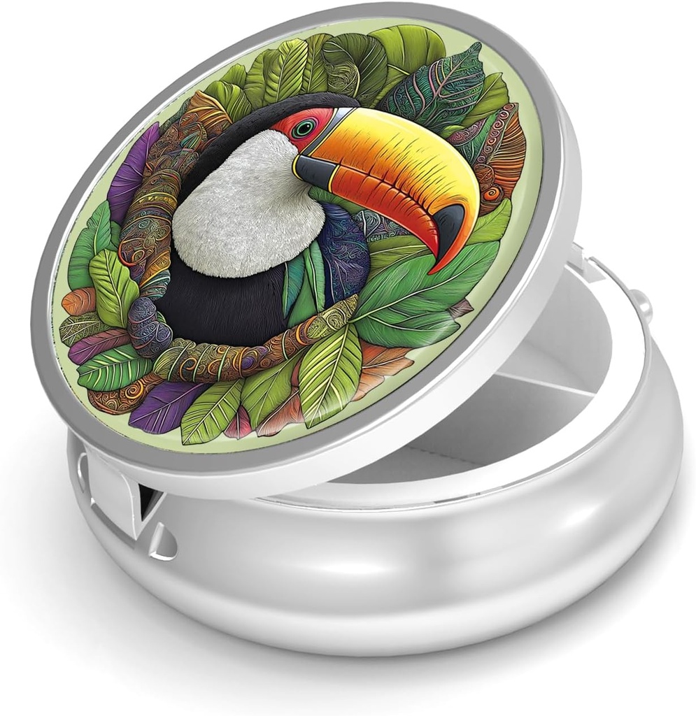 Pill Box-3 Compartiment kleine pil geval voor Purse & Pocket Mini metalen pil houder Travel Pill Container om supplementen vitamines BPA-vrij te houden (Toekan)