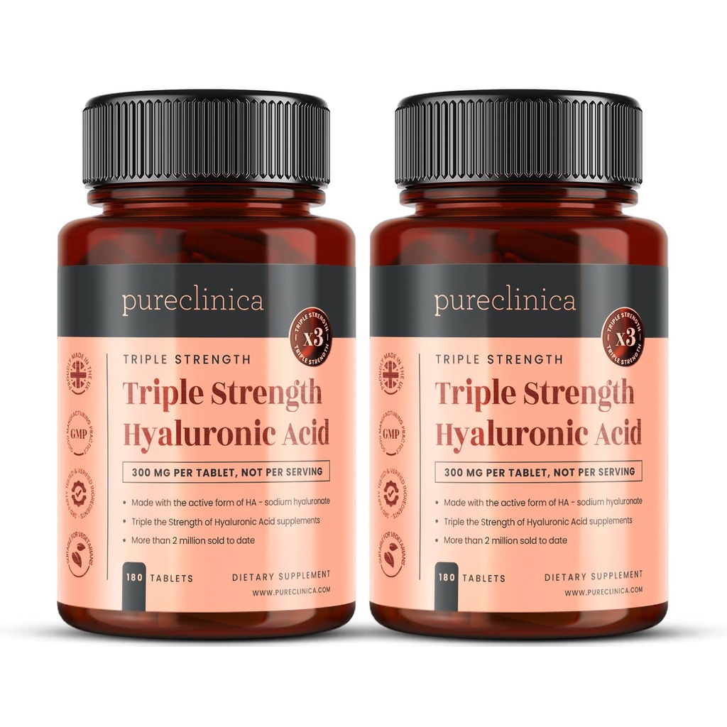 pureclinica Hyaluronzuur 300 mg x 360 tabletten (2 flessen van 180-12 maanden levering). Drievoudige sterkte Hyaluronzuur. 300% sterker dan elke andere HLA tablet.