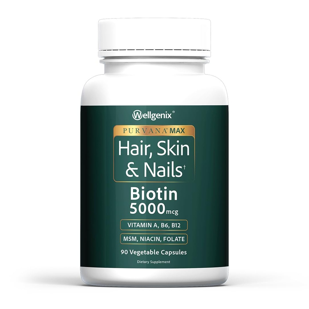 Wellgenix Purvana Max Hair, Skin & Nails Vitamine: Biotin 5000mcg voor verbeterde haargroei, haarverliespreventie voor vrouwen en mannen, Veganistan, Ideaal voor Post Partum & PCOS, 90 Count, Pack of 1