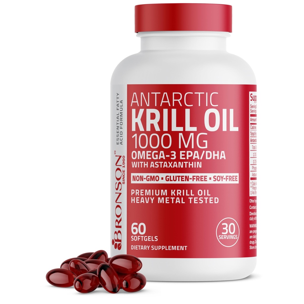 Bronson Antarctica Krill Oil 1000 mg met Omega-3s EPA, DHA, Astaxanthine en Fosfolipiden 60 Softgels