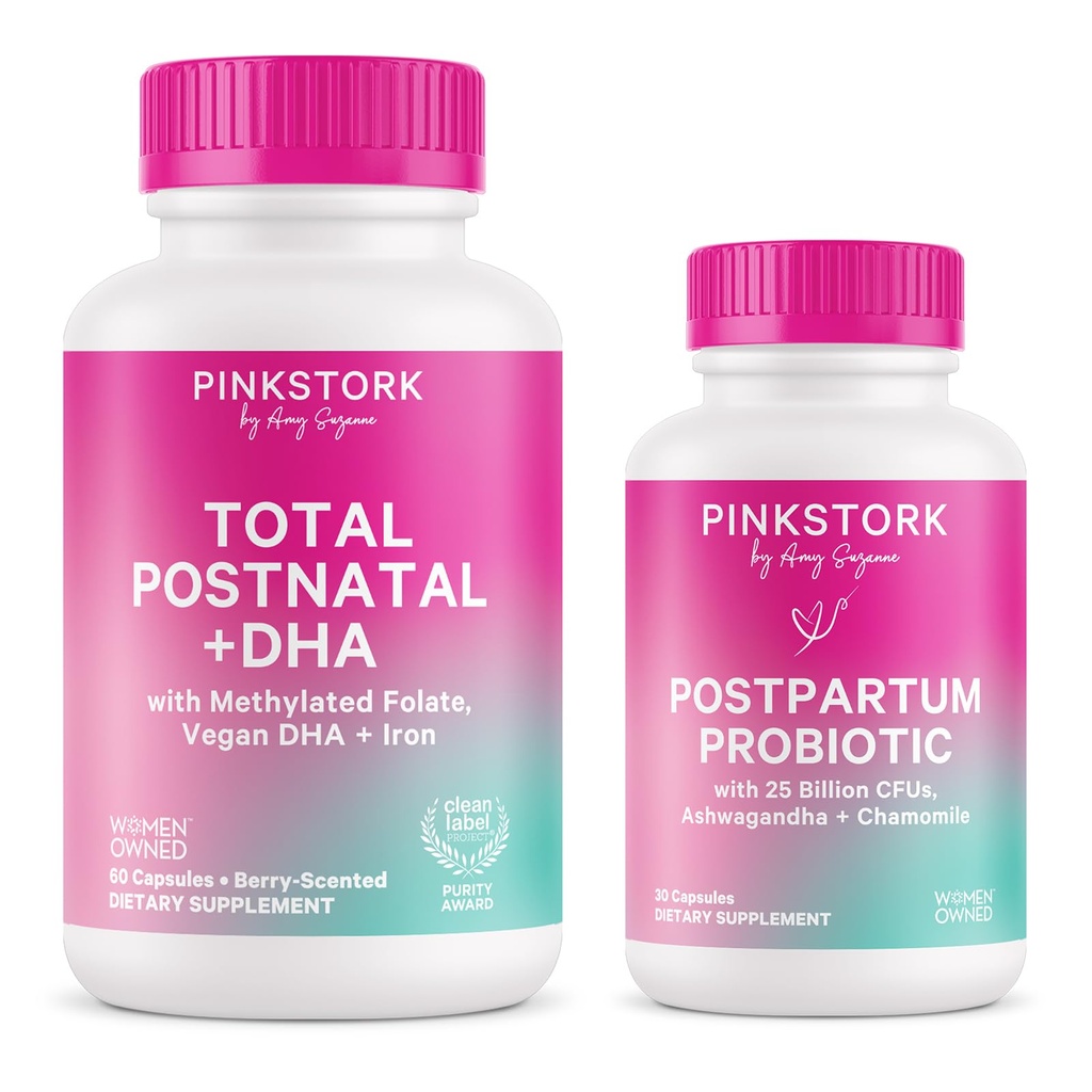 Roze Stork Postnatale Multivitamine + Probiotica met Vegan DHA, Ashwagandha, Iron, Folate, B12 - Ondersteunt Hormone Balance, Postpartum Herstel, Gut Health, & Digestie - Pack of 2