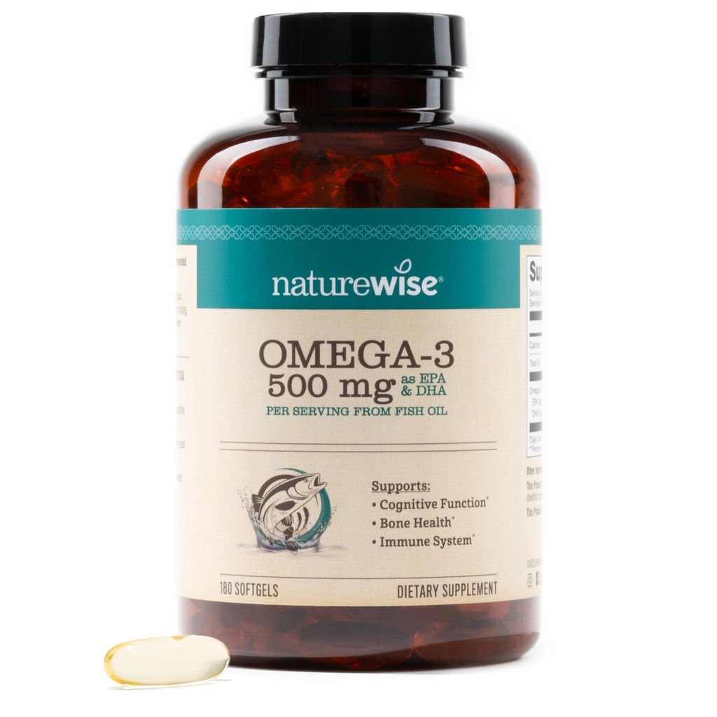 NatureWise Omega 3 Fish Oil - 500 mg per pil - EPA & DHA - Immune Support, Brain Health & Optimal Wellness - Gluten and Soy Free, Non-GMO - 180 Softgels[6-maandvoorraad]