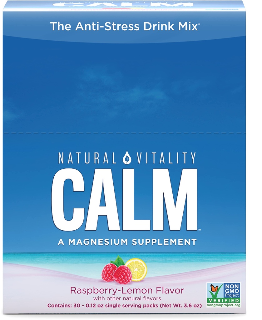 Natural Vitality Calm, Magnesium Citrate Supplement, Anti-Stress Drink Mix Poeder, Glutenvrij, Veganistisch, & Non-GMO, Raspberry Citroen, 0,12 oz, 30 Packets