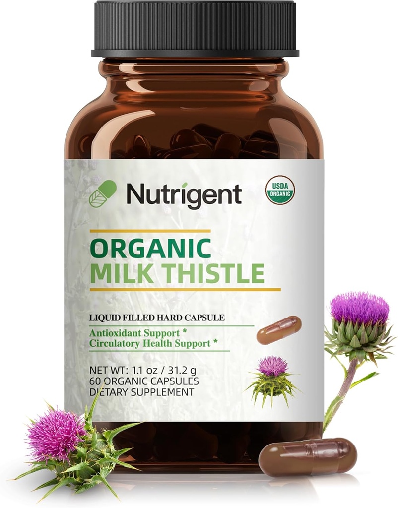USDA Organic Milk Thistle Supplement 25:1 Extract, 8750 mg Sterkte, Silymarin Supplement 280 mg, Liquid Organic Capsules, Liver Health & Detox Support, Non-GMO, 60 Tellen