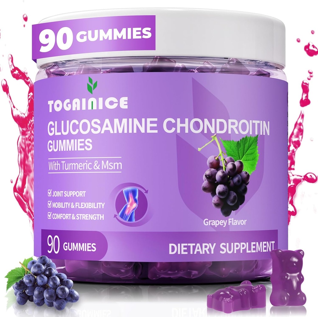 Gezamenlijke ondersteuning Gummies met Glucosamine Chondroitin, Suikervrij, 1500mg Extra sterkte met MSM & Kurkuma (90 Tel.)