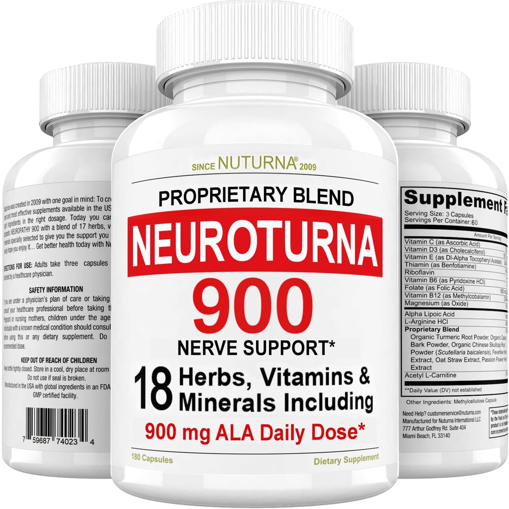 Neuropathie Ondersteuning Zenuwsupplement met 900 mg zuiver Alpha Lipoïnezuur - maximale sterkte formule, versterken zenuwen in vingers, handen, tenen, & voeten - beste perifere verlichting ondersteuning - 180 capsules