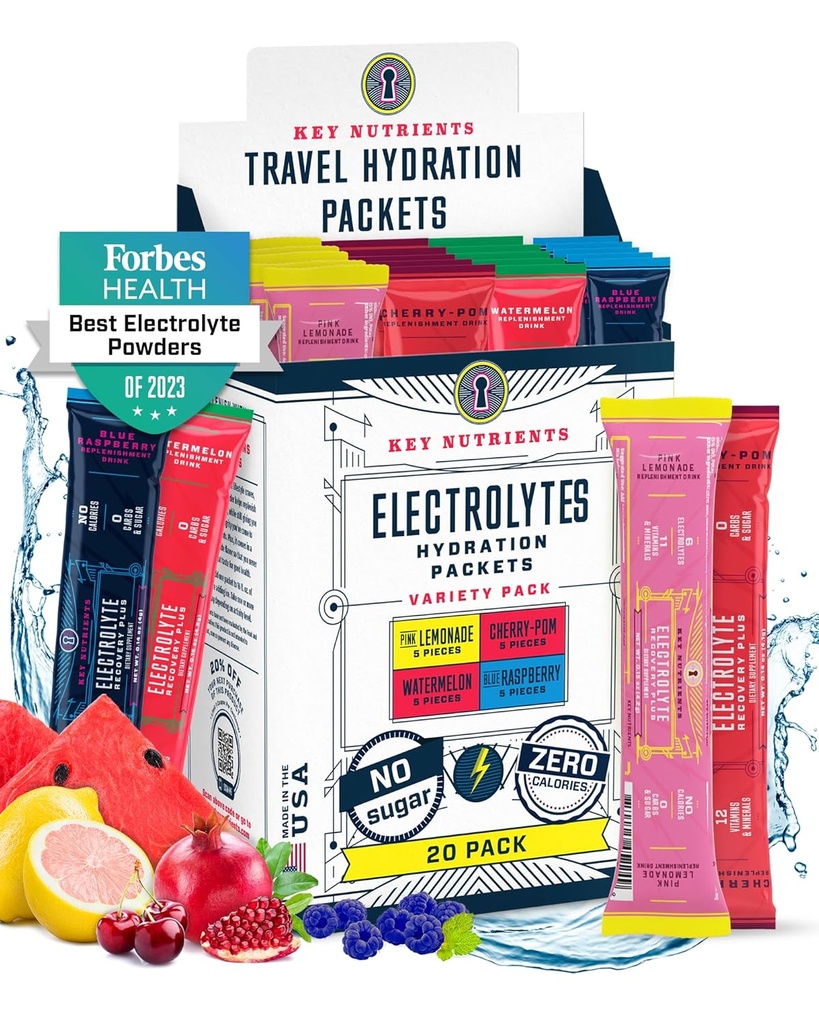 KEY NUTRIËNTEN Electrolytes Powder Packets No Sugar - 4 Delicious Smaken in Hydration Packets 20 Pack - Geen Calorieën, Gluten Gratis Elektrolyten Powder Packets - Keto Friendly, Niet GGO, Made in USA