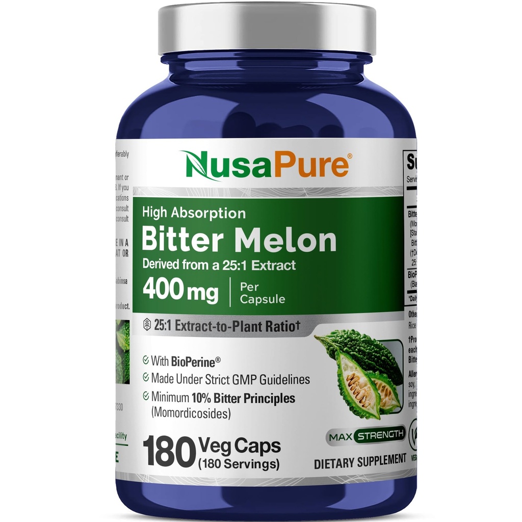 NusaPure Bitter Melon Extrait 10 000 mg 180 Caps végétaliens (100 % végétariens, non-OGM, sans gluten, principes amers de 10 %) Biopérine