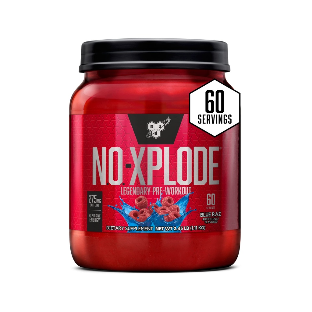 BSN N.O.-XPLODE Pre Workout Powder, Energy Supplement voor mannen en vrouwen met Creatine en Beta-Alanine, Smaak: Blue Raz, 60 Servers