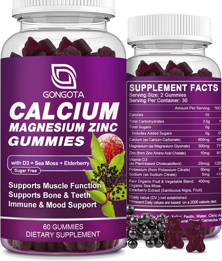 Calcium Magnesium Zink met Vitamine D3 Supplement, Zeer Absorberende Calcium Gummies met 300mg Magnesium glycinaat Ondersteuning Bot & tanden, Spier voor volwassenen en tieners, Sugar Free, Vegan - 60 Tel.