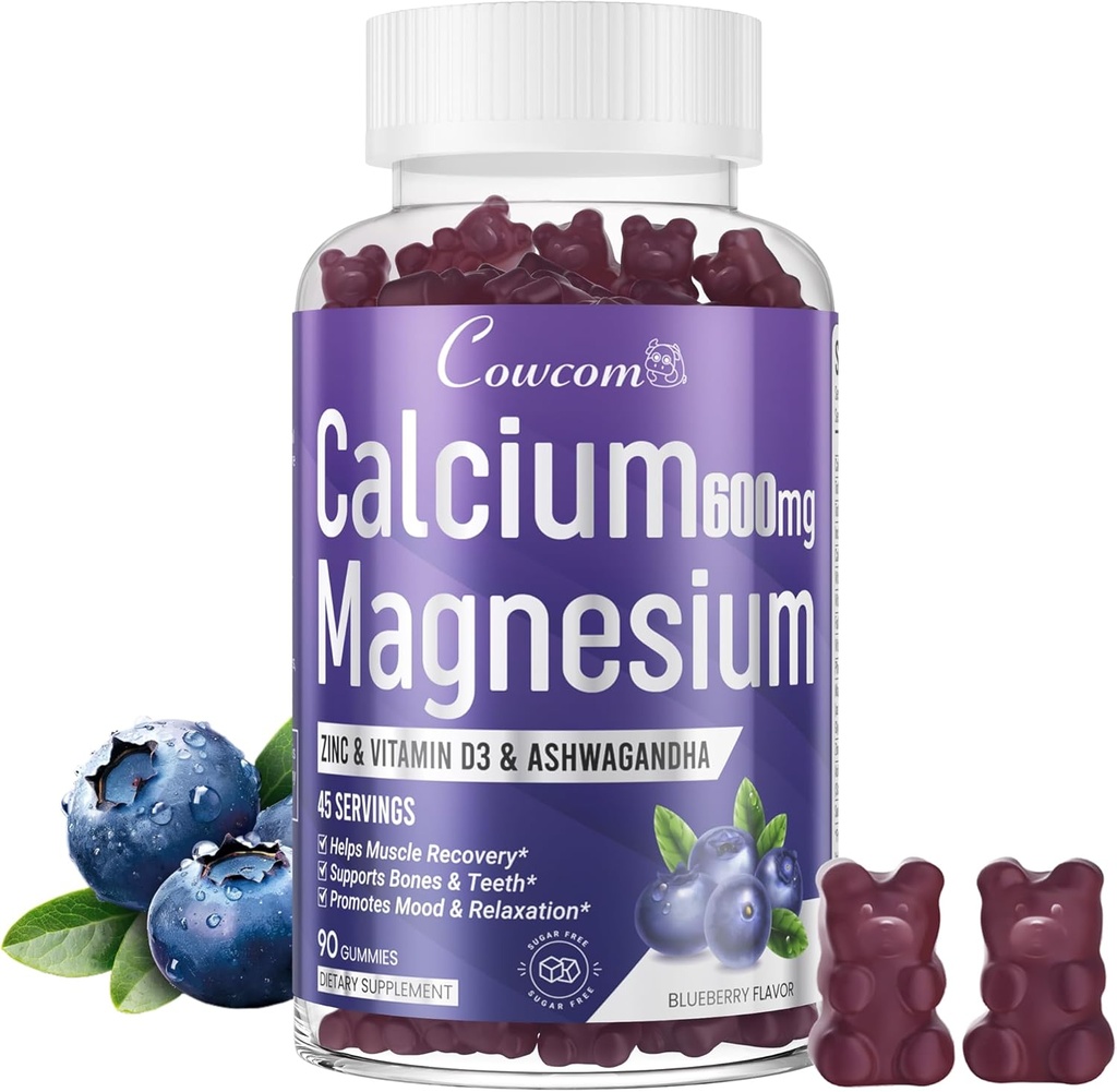 Calcium Magnesium Zink Gummies & Vitamine D3,B6,B12,Immune & ondersteuning Bone Health Calcium Magnesium Supplement voor vrouwen Mannen,Sugar-Free Vegan Blueberry Flavored 90 Telt