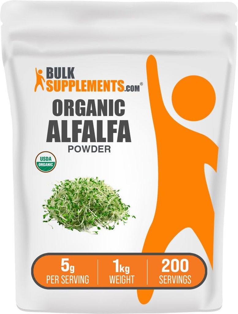 BulkSupplements.com Poudre de graminée d'alfalfa biologique - Supplément d'alfalfa, Poudre de superalimentation verte - Vegan & sans gluten, 5g par portion, 1kg (2,2 lbs) (paquet de 1)