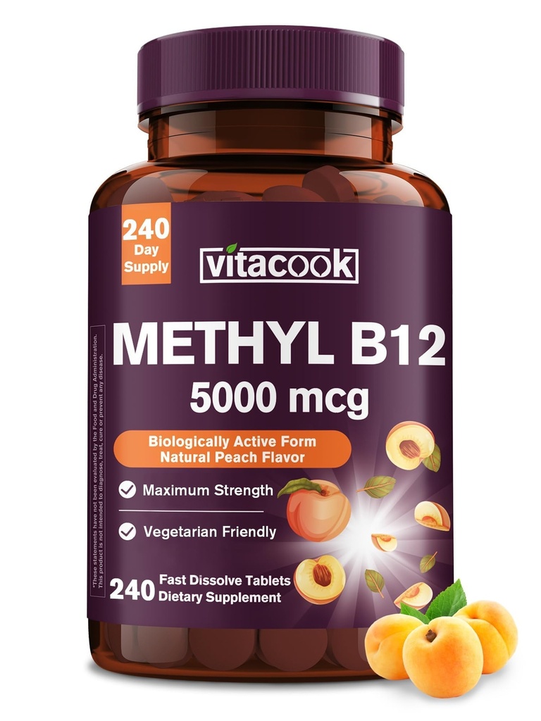 Vitamine B12 Sublingual, Methylcobalamine 5000mcg voor energieproductie, energie, zenuw- en celondersteuning, natuurlijke perziksmaak, veganistisch, zero sugar, 240 sneloplossende tabletten