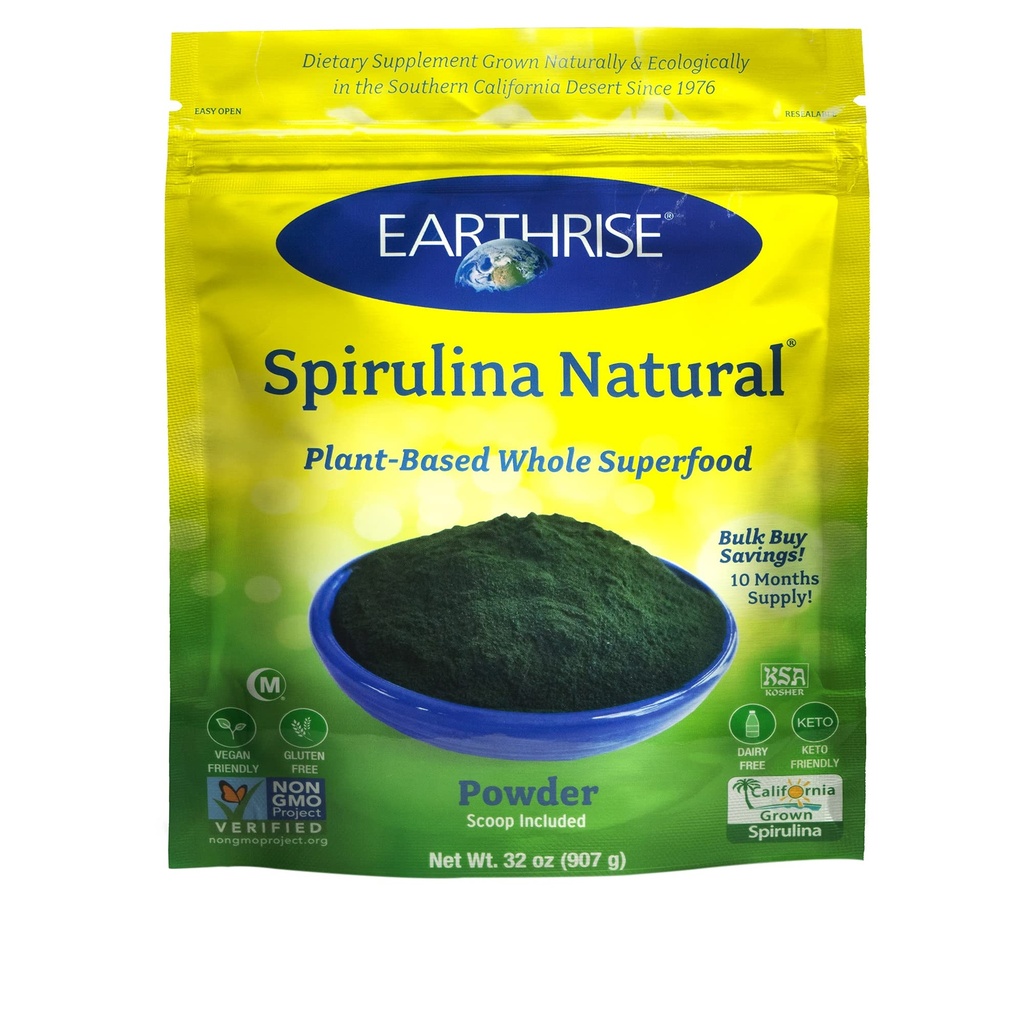 Earthrise Spirulina Natural Powder 32oz, Natural Premium Spirulina uit Californië- Vegan, Glutenvrij, Keto Friendly, Non -GMO Super Food hoog in vitamines en mineralen. (2 LB)
