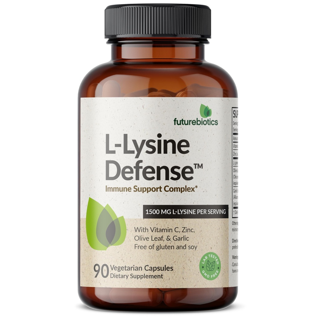 Futurebiotics L-Lysine Defense Immune Support Complex 1500 MG Per Serving with Vitamin C, Zink, Olive Leaf & Knoflook - Non-GMO, 90 Vegetarian Capsules