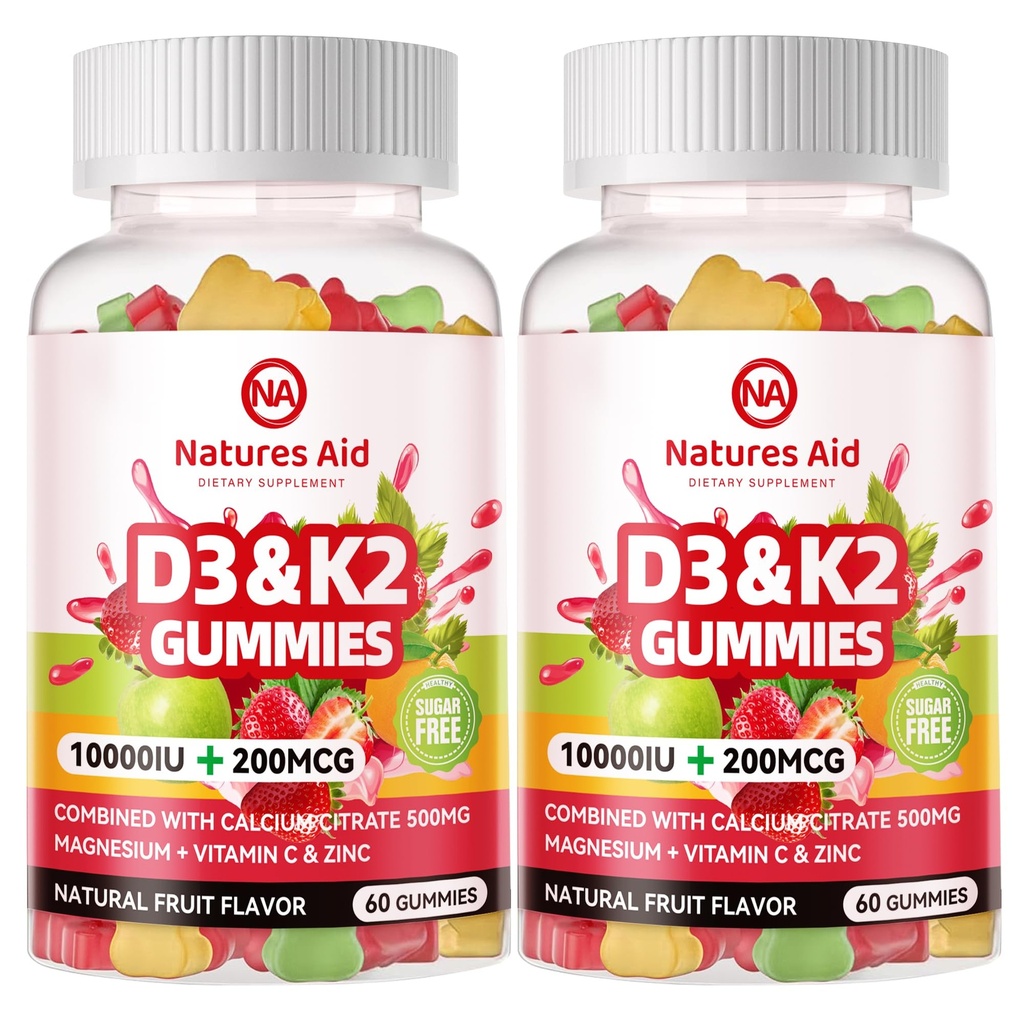 Natures Aid Sugar-Free Vitamin D3 K2 Gummies with Calcium + K2 (MK-7), Magnesium citraat, Vitamine C, Extra Sterkte - Ultieme absorptie voor botspier Teeth Immune, Vegan - 120 Gummies