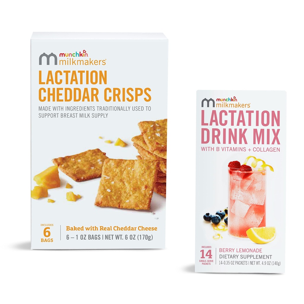 Munchkin® Milkmakers® Lactation Drink Mix Supplement met B Vitamine & Milk Thistle, 14 Tel en Borstvoeding Cheddar Crisps voor borstvoeding moeders met Haver en Vlas, 6 Tellen