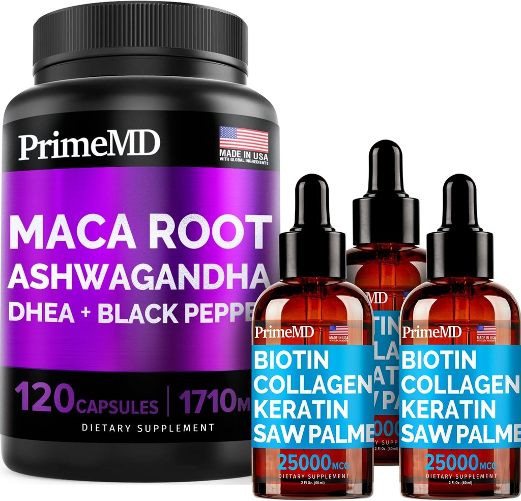 4-in-1 Liquid Biotin Collagen Keratine Saw Palmetto Drops (2 fl oz - 3 Pack) & 6-in-1 Maca Root Ashwagandha w Black Pepper Fruit (120ct) Bundel - Haar, huid, nagels, energie & Mood Support Supplement