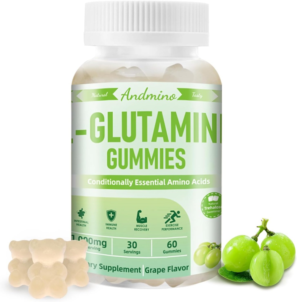 L-Glutamine Gummies 1000 mg, avec Trehalose, L supplément de glutamine Soutien Intestinal, Boost Immune & Santé musculaire, pour adultes et enfants, non-OGM, végétalien, sans gluten, arômes de raisin, 60