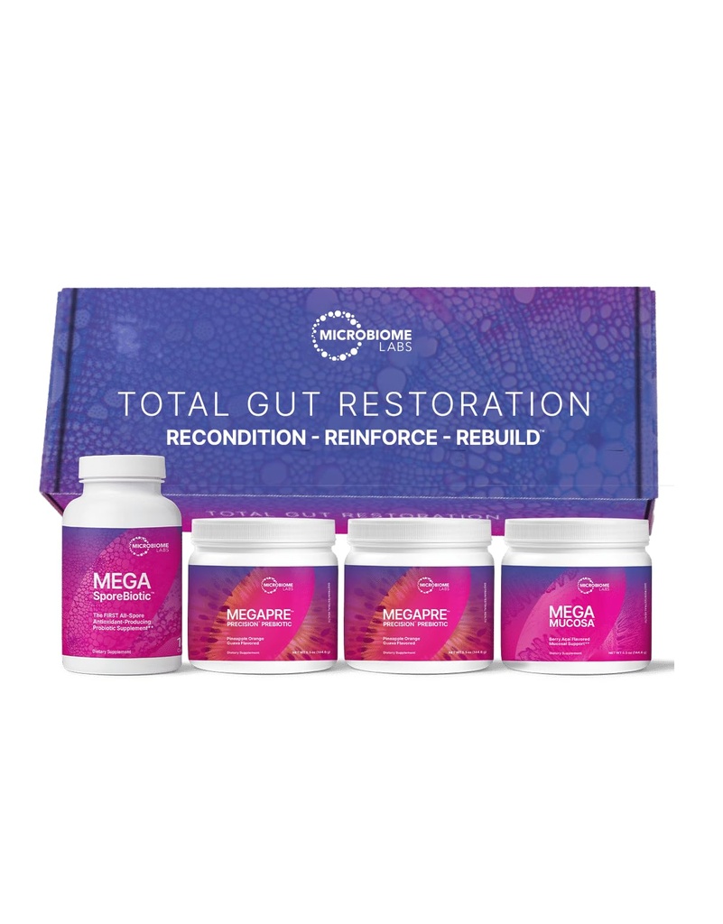 Microbiome Labs Total Gut Restoration Kit (Powder) - 3-product Gut Health Spore Based Probiotic, Prebiotic Powder & Mucosal Immunoglobuline + Aminozuren Supplement for Immune, GI & Digestief Health