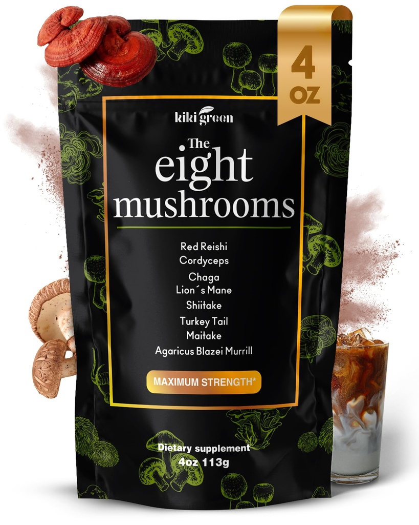KIKI Green 8 Paddestoelen Poeder Extract - 4 oz Adaptogeen Complex voor koffie en smoothies - Lion's Mane, Chaga, Reishi, Cordyceps, Maitake, Shiitake - Focus en energie