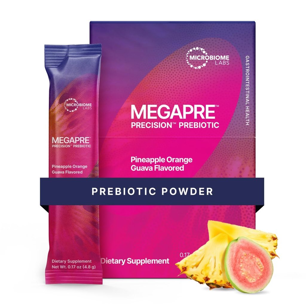 Microbiome Labs MegaPre Poudre de fibre prébiotique pour femmes, hommes et enfants - Poudre de supplément de fibre prébiotique pré-dosée avec Oligosaccharides testés cliniquement - Pineapple Orange Guava (30 paquets de boissons)