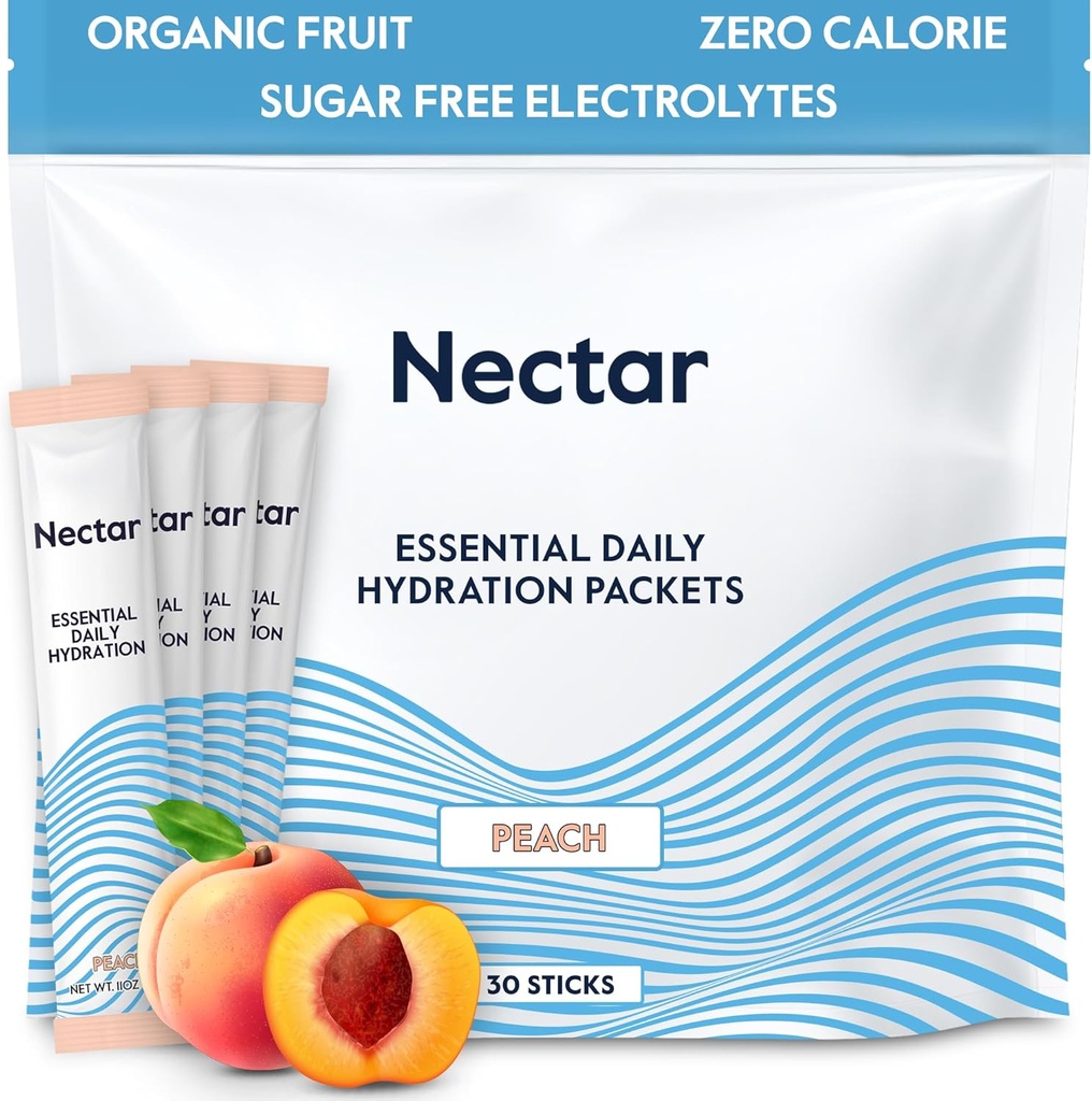 Paquets d'hydratation Nectar - Paquets de poudre d'électrolytes - Sans sucre & 0 Calorie - Fruits organiques liquides IV Poudre d'électrolytes pour déshydratation et réhydratation rapide (Peach 30 Pack)