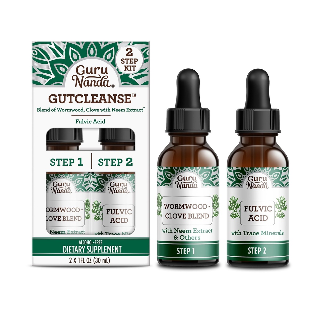 GuruNanda Gutcleanse 2-step Kit - Dieetsupplement om te helpen met spijsvertering - Blend van Fulvic Acid, Wormwood, Kruid & Neem Extract, 2x1 FlOz