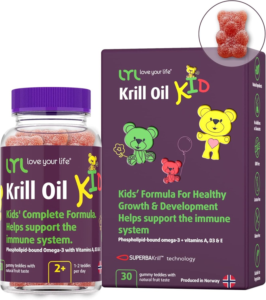 LYL Krill Oil Kid Gummy Bears met vitamine D 3, vitamine E en vitamine A - fosfolipide-Bound Omega 3 voor gezonde groei en ontwikkeling - Gummy Bears met sinaasappel, appel & fruit smaak (Pack van 30)