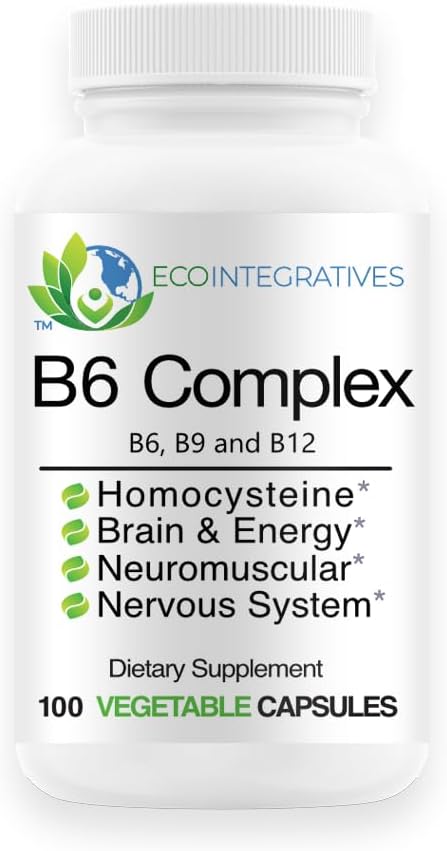 B6 Complex Vegan Vitamine B6, B9 Folaat, B12 Methylcobalamine Ondersteunt Cardiovasculaire, Neuromusculaire, Zenuwstelsel, Homocysteïne, Energie, Bloedcel & Bone Health 100 Caps