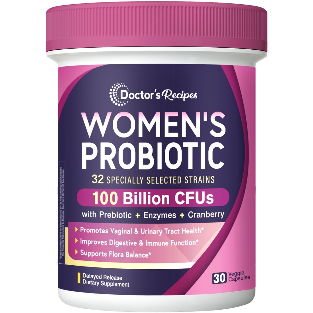 Recettes de médecin Probiotiques pour femmes, 100 milliards CFU 32 souches, avec fibre prébiotique, enzymes et canneberge, urinaire vaginale digestive et immunitaire, pas de levure, plateau stable, libération retardée, 30 capsules