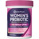 Recettes de médecin Probiotiques pour femmes, 100 milliards CFU 32 souches, avec fibre prébiotique, enzymes et canneberge, urinaire vaginale digestive et immunitaire, pas de levure, plateau stable, libération retardée, 30 capsules