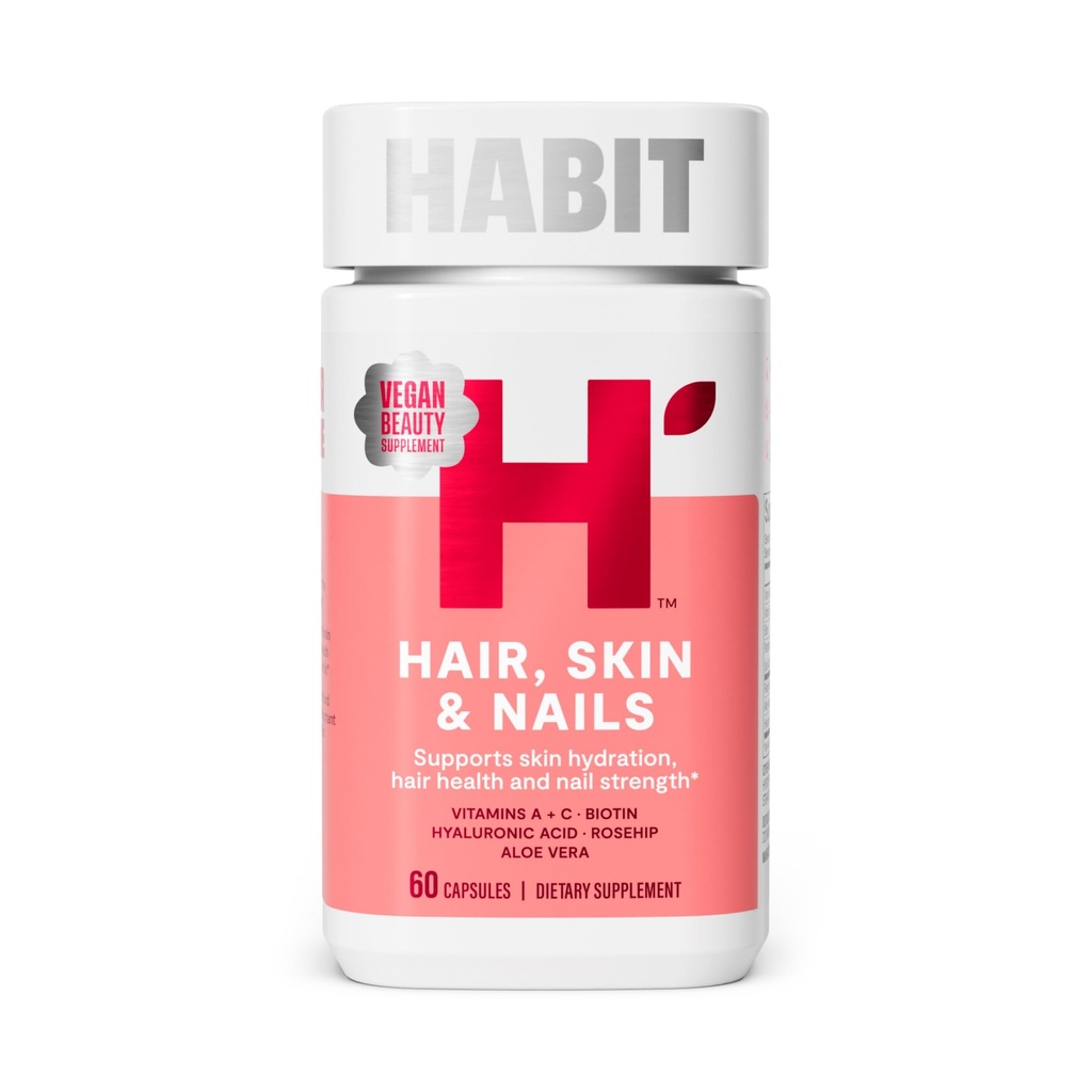 Habitharen, huid- en nagelssupplement (60 capsules) - nieuwe look, ondersteunt huidhydratatie, haar- en nagelssterkte, biotine 2000mcg, vitamine A & C, hyaluronzuur, rozenbottel, veganistisch, niet-GMO (1 verpakking)