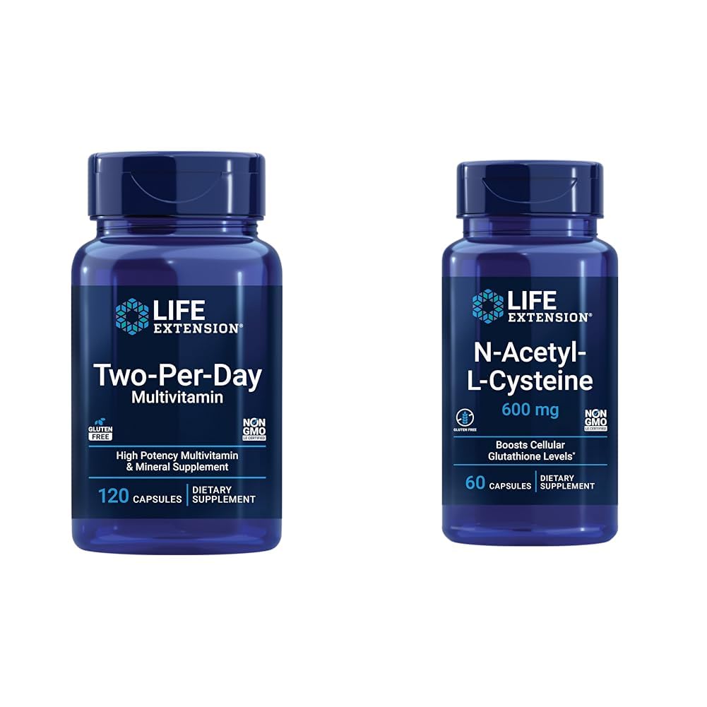 Life Extension Two-Per-Day Multivitamine, Vitaminen B, C, D, zink, 25 Vitaminen, Mineralen & extracten, 120 Capsules Bundel met N-Acetyl-L-Cysteine (NAC) 600 mg, 60 Capsules